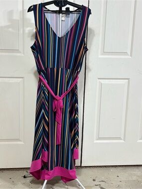 Wrapper Multicolor Striped Sleeveless Dress with Pink Accents - Size 2X